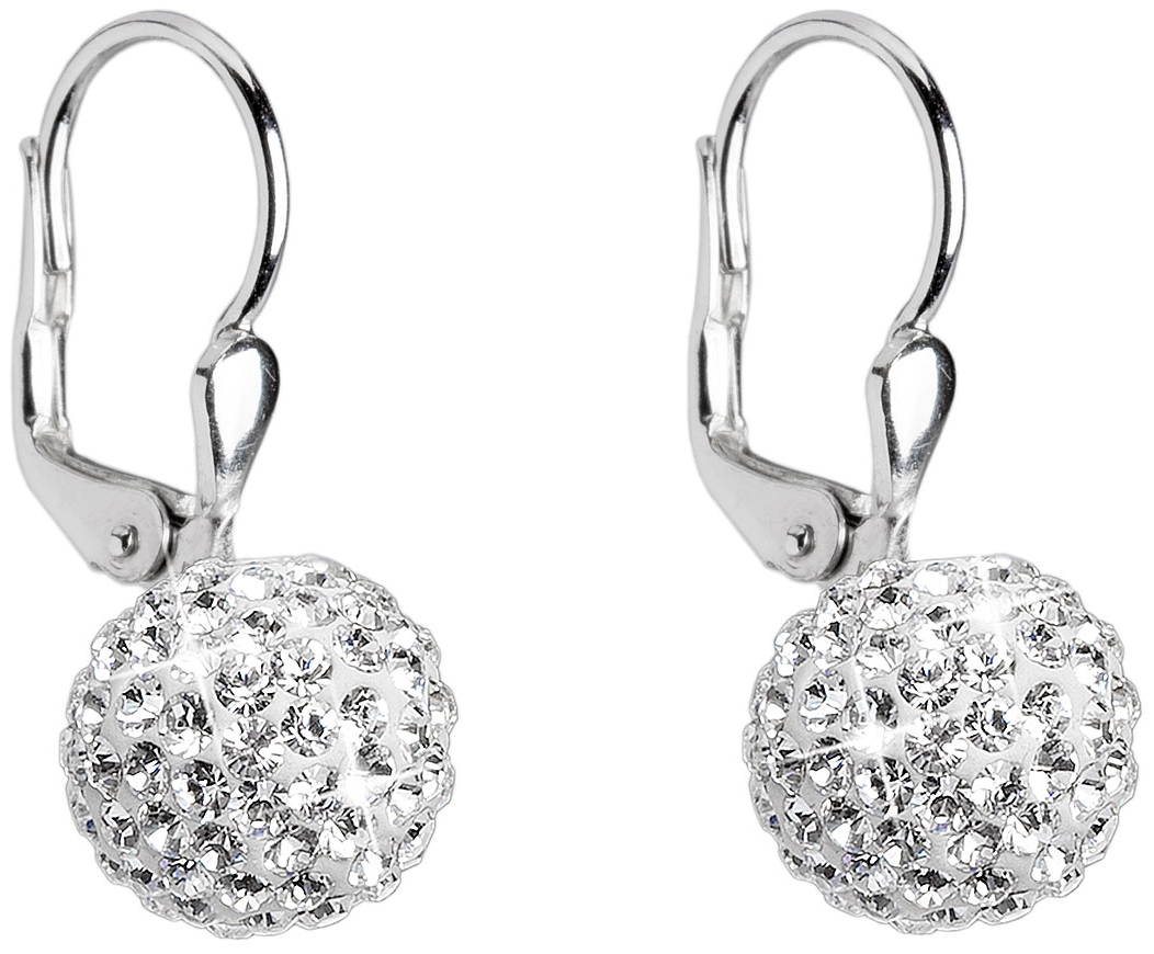 Strieborné náušnice visiace s krištáľmi Swarovski biele guľôčky 31110.1
