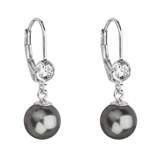 Strieborné náušnice visiace s perlou Swarovski šedé okrúhle 31196.3