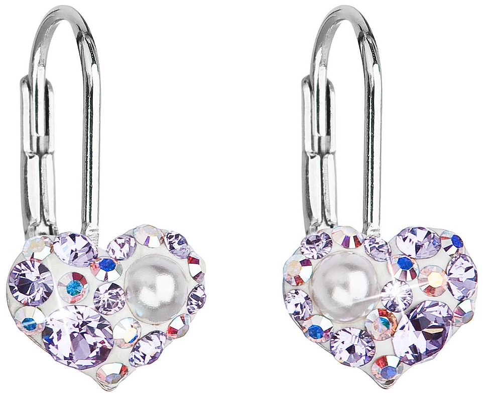 Strieborné náušnice visiace s krištáľmi Swarovski fialové srdce 31125.9