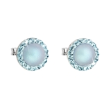 Strieborné náušnice kôstka s krištáľmi Swarovski a svetlomodrou matnou perlou okrúhle 31214.3