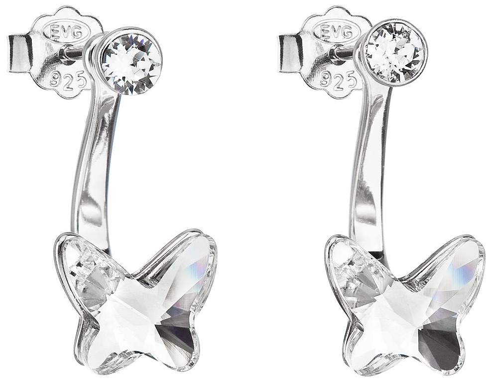 Strieborné náušnice dvojité s krištáľmi Swarovski biely motýľ 31247.1