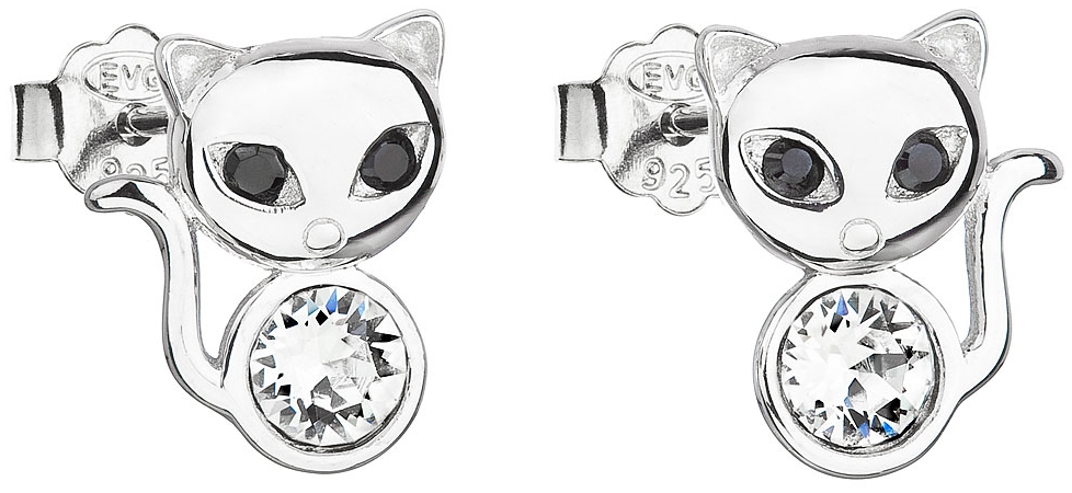 Strieborné náušnice kôstka s krištáľmi Swarovski biela mačka 31250.1
