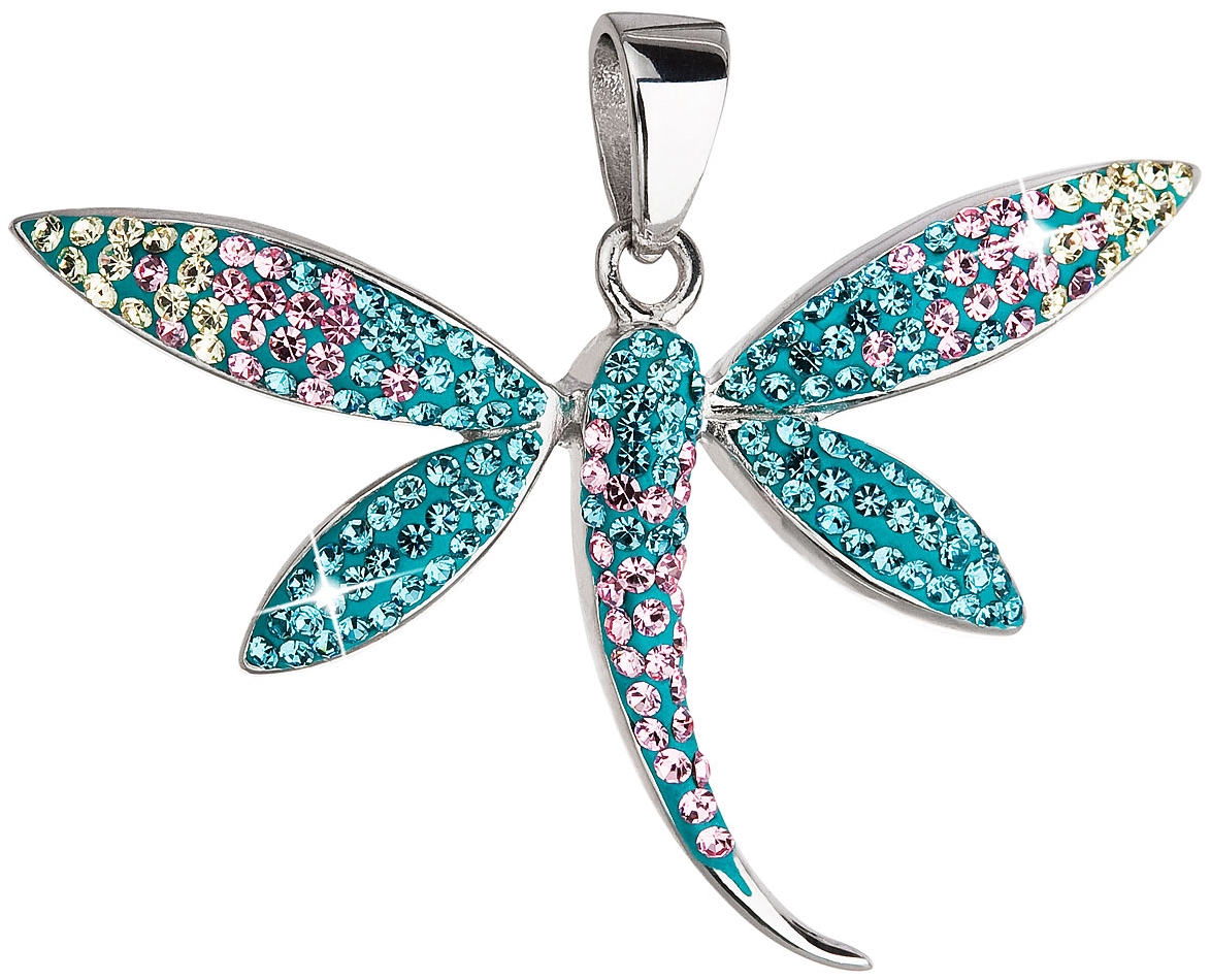 Strieborný prívesok s krištáľmi Swarovski modro-zelená vážka 34164.3