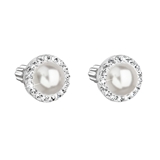Strieborné náušnice perlička s krištálmi Swarovski a bielou perlou okrúhle 31314.1