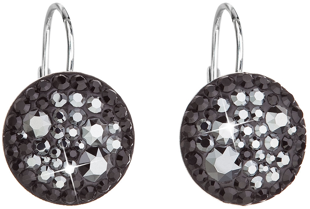 Strieborné náušnice visiace s krištálmi Swarovski čierne okrúhle 31176.5 hematite