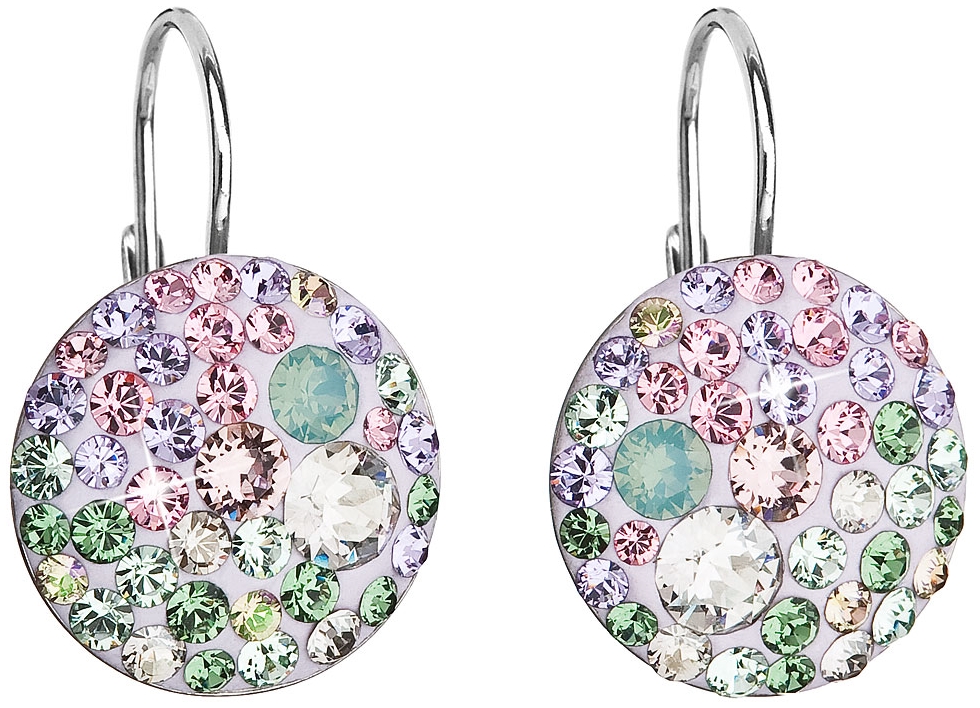 Strieborné náušnice visiace s krištálmi Swarovski mix farieb okrúhle 31176.3 sakura