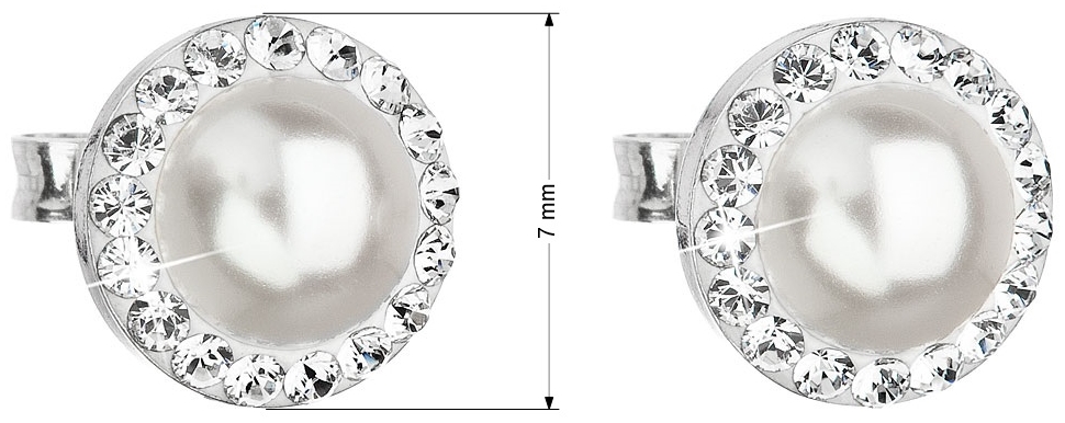 Strieborné náušnice kôstka s krištáľmi Swarovski a bielou perlou okrúhle 31214.1