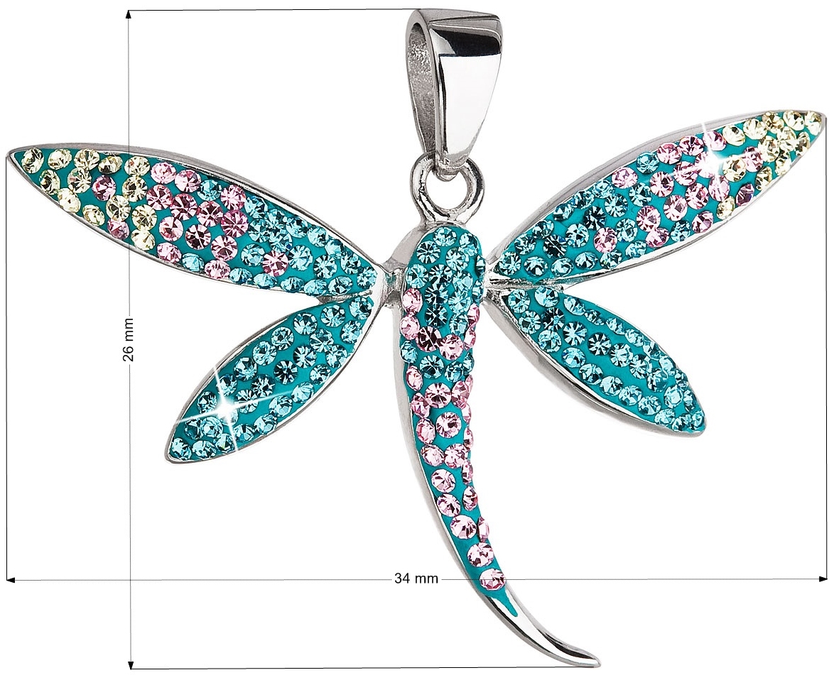 Strieborný prívesok s krištáľmi Swarovski modro-zelená vážka 34164.3