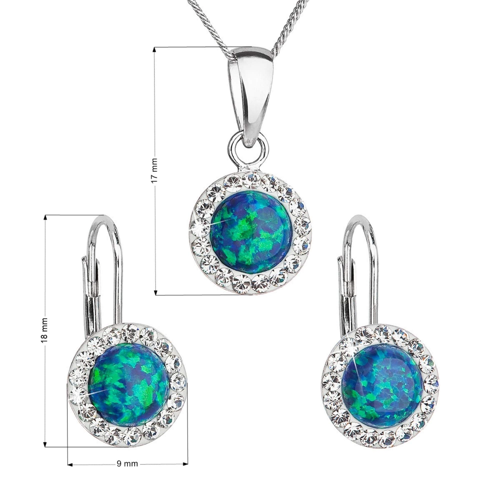 Sada šperkov so syntetickým opálom a krištálmi Preciosa náušnice a prívesok zelené okrúhle 39160.1