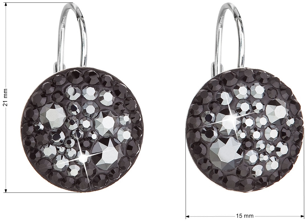 Strieborné náušnice visiace s krištálmi Swarovski čierne okrúhle 31176.5 hematite