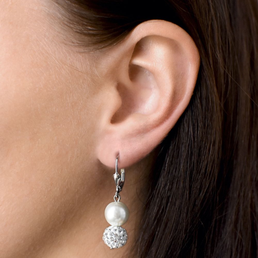 Strieborné náušnice visiace s krištáľmi Swarovski biele okrúhle 31155.1