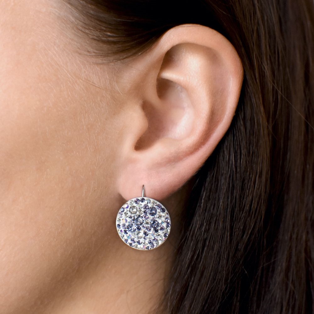 Strieborné náušnice visiace s krištáľmi Swarovski fialové okrúhle 31161.3 violet