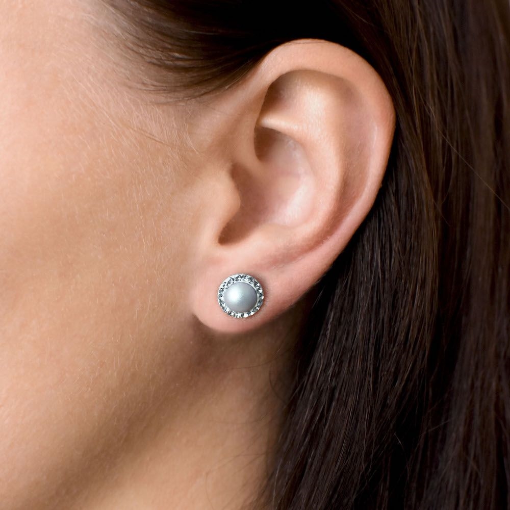 Strieborné náušnice kôstka s krištálmi Swarovski a svetlomodrou matnou perlou okrúhle 31314.3