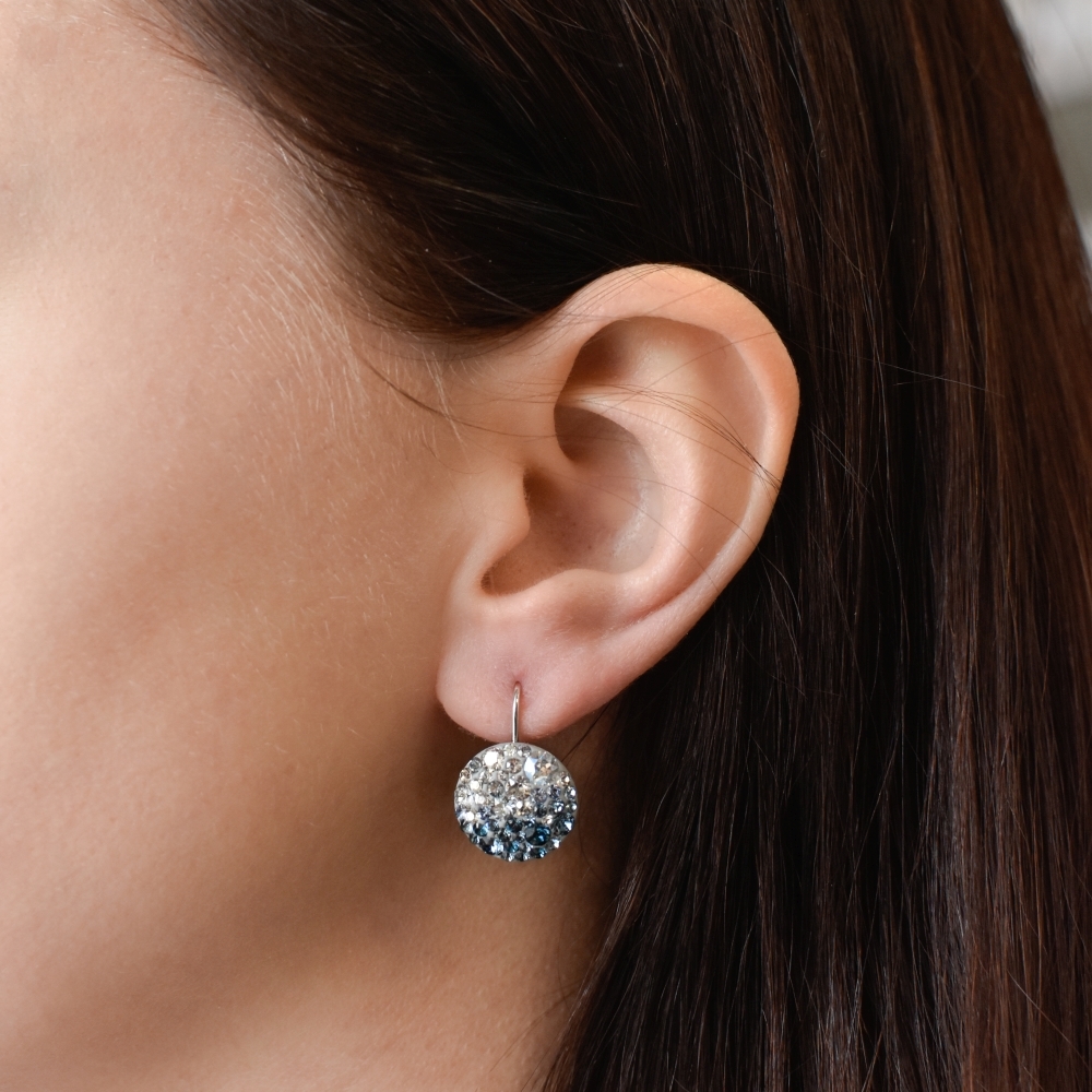 Strieborné náušnice visiace s krištálmi Swarovski modré okrúhle 31176.3 ice blue