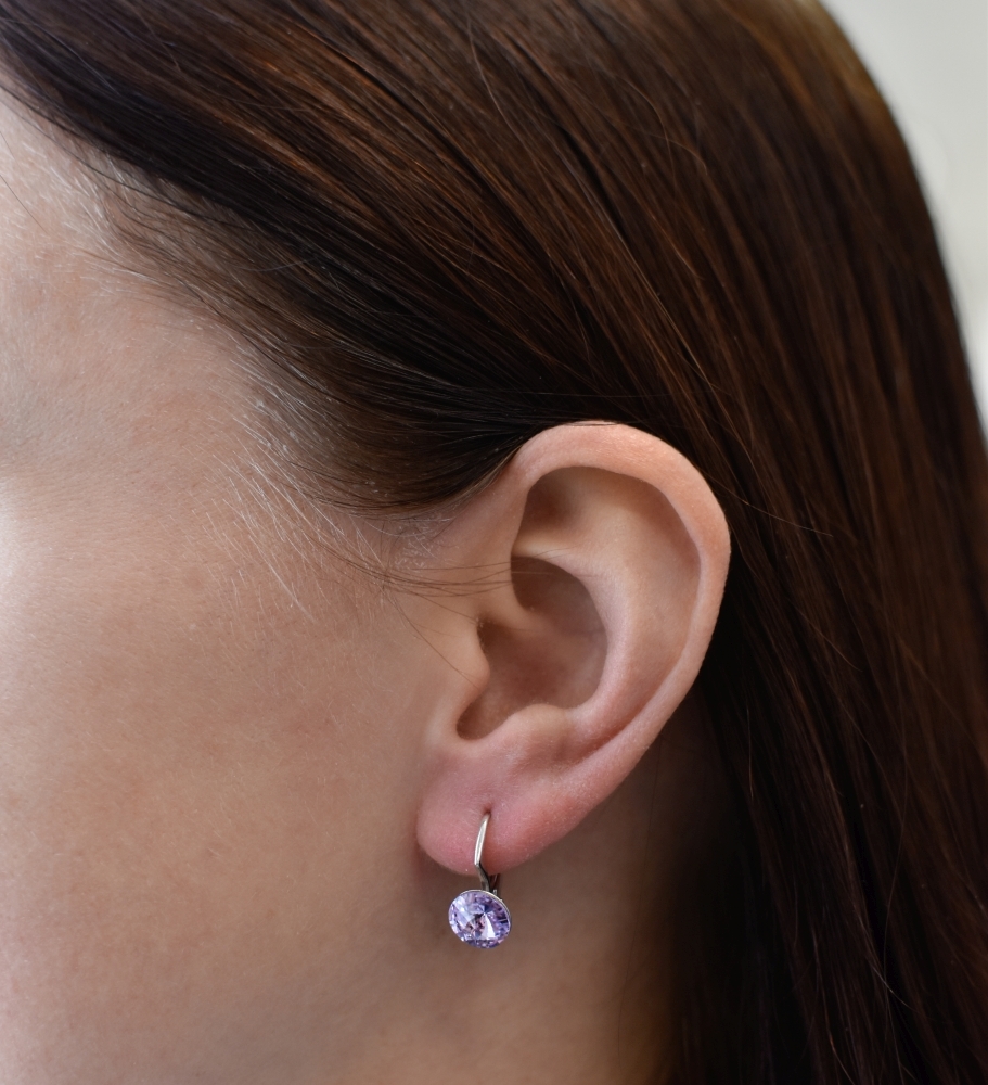 Strieborné náušnice visiace s krištálmi Swarovski fialové okrúhle 31229.3 violet