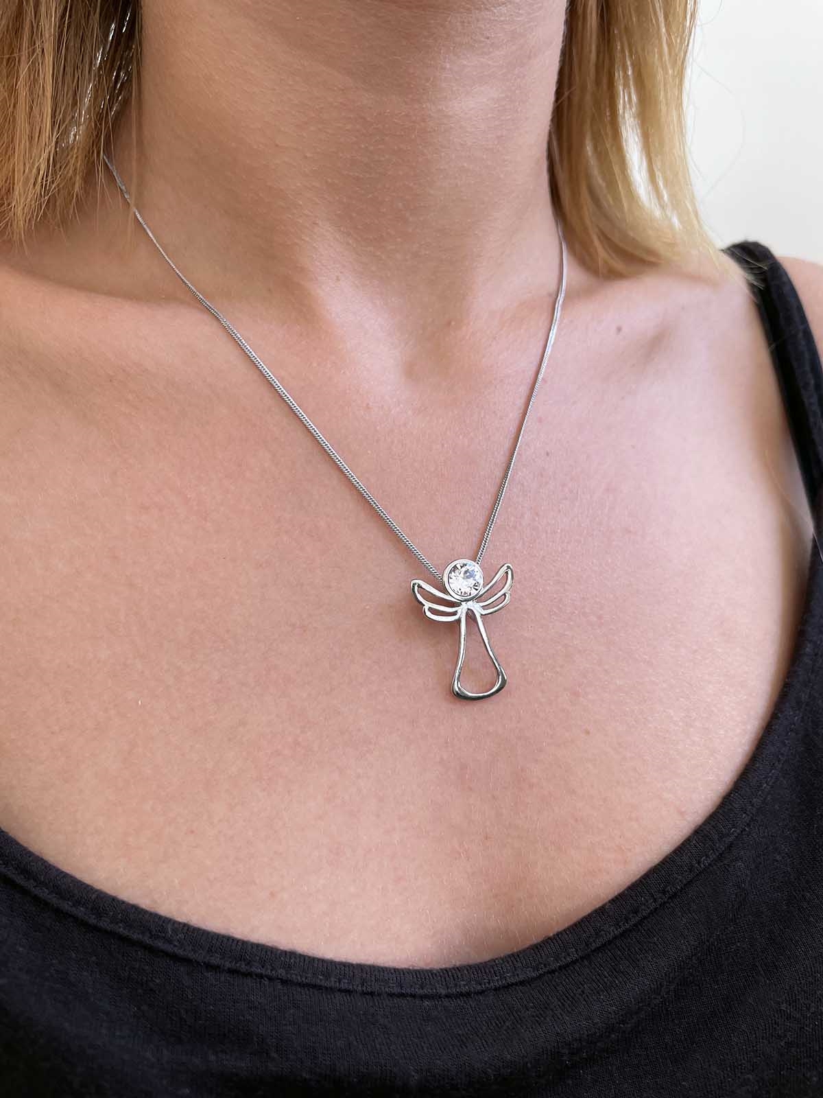 Strieborný náhrdelník anjel so Swarovski kryštálom 32080.1 biely